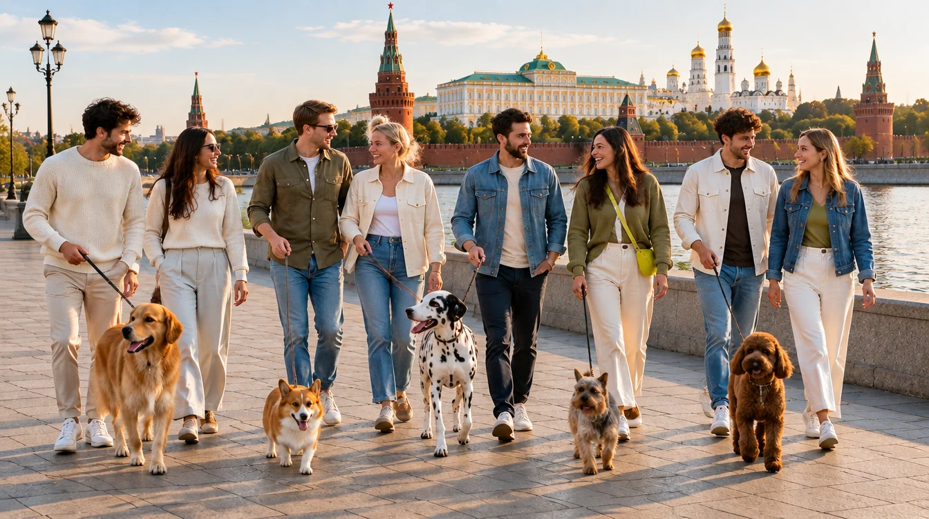 Компания с собаками гуляет по набережной Москвы-реки с видом на Кремль